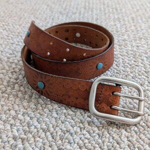 Women's Leather Stamped Belt Silver Square Buckle OS